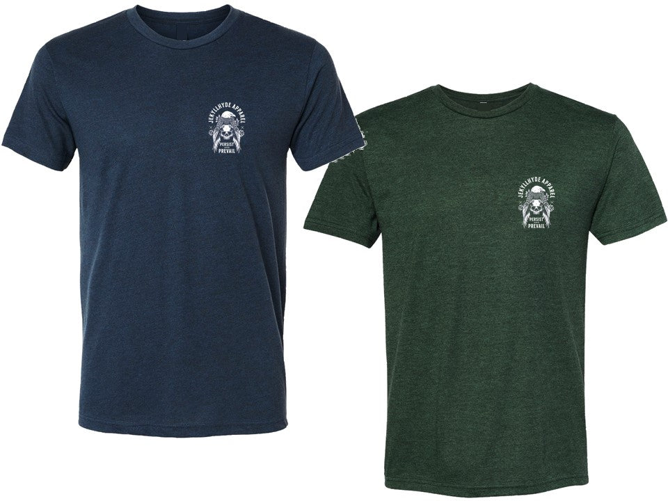 Navy and green shirt against a white background. 