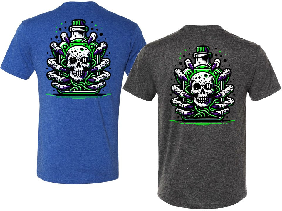 Blue and gray t-shirts with a skull and bottle design on the back.