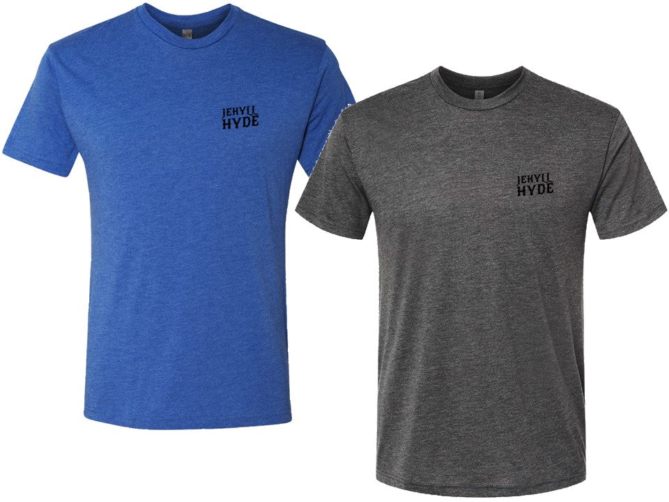 Blue and grey shirt with a jekyllhyde logo on the left chest against a white background. 
