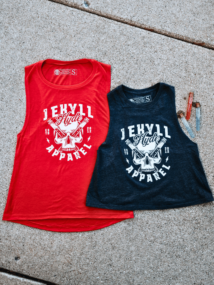 Blue and red shirts with a skull on the ground. 