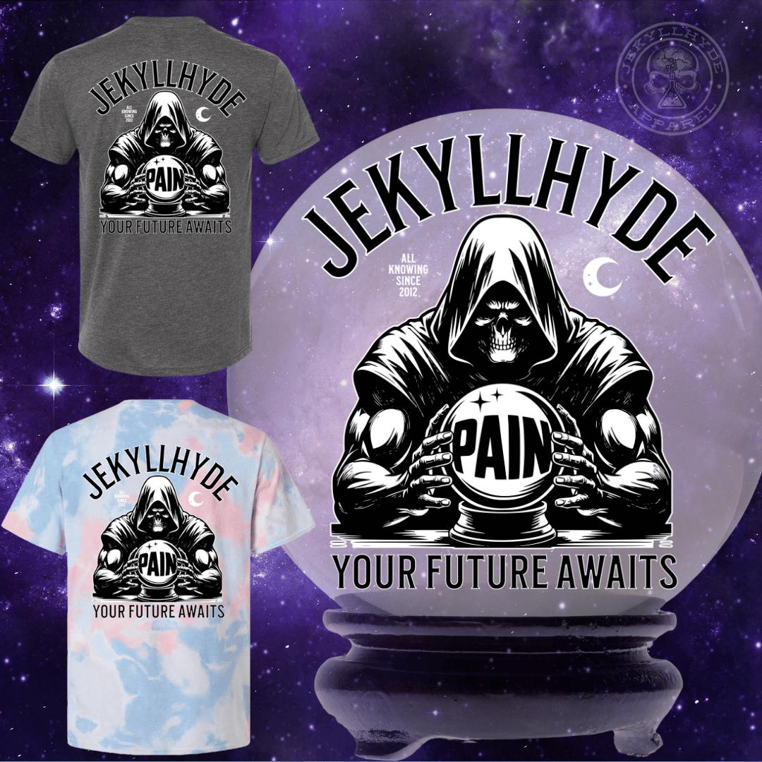 Grey and tie dye shirts with muscular skeleton looking into a crystal ball on a space background. 