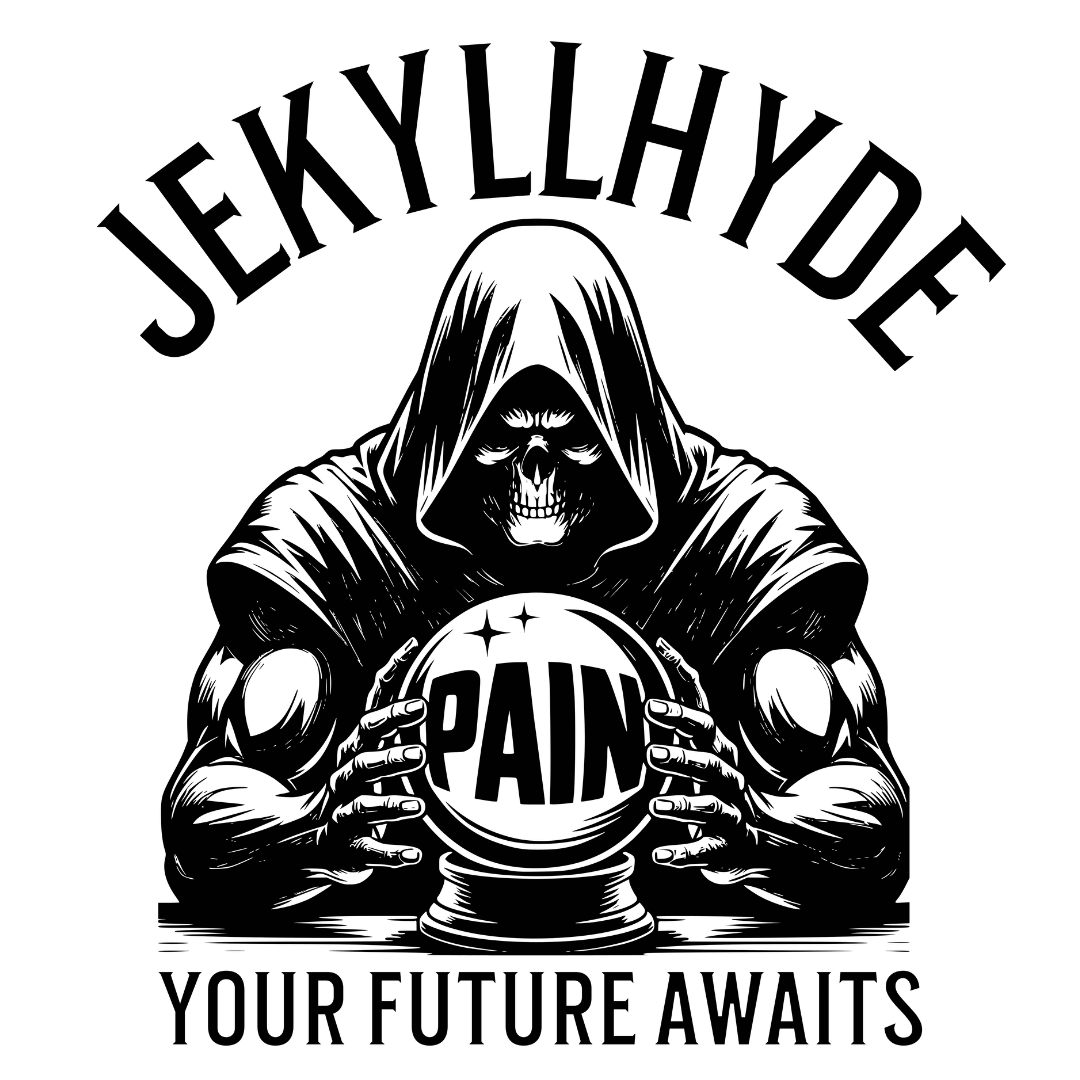 Desing of muscular skeleton looking into a crystal ball. 