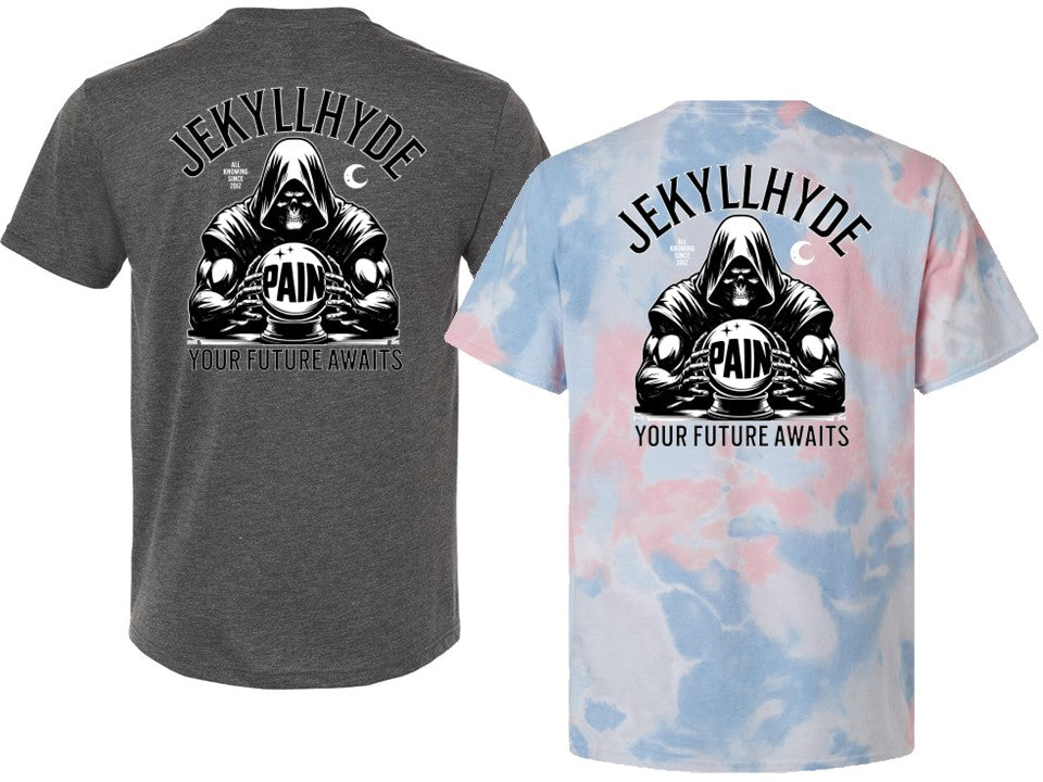 Gray t-shirt and tie-dye t-shirt with 'Jekyll Hyde' graphic design on a white background