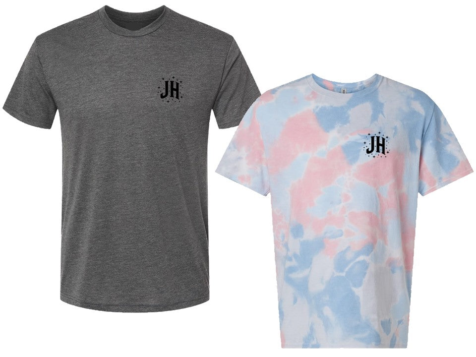 Grey and tie dye shirts on white background with JH logo on left chest. 