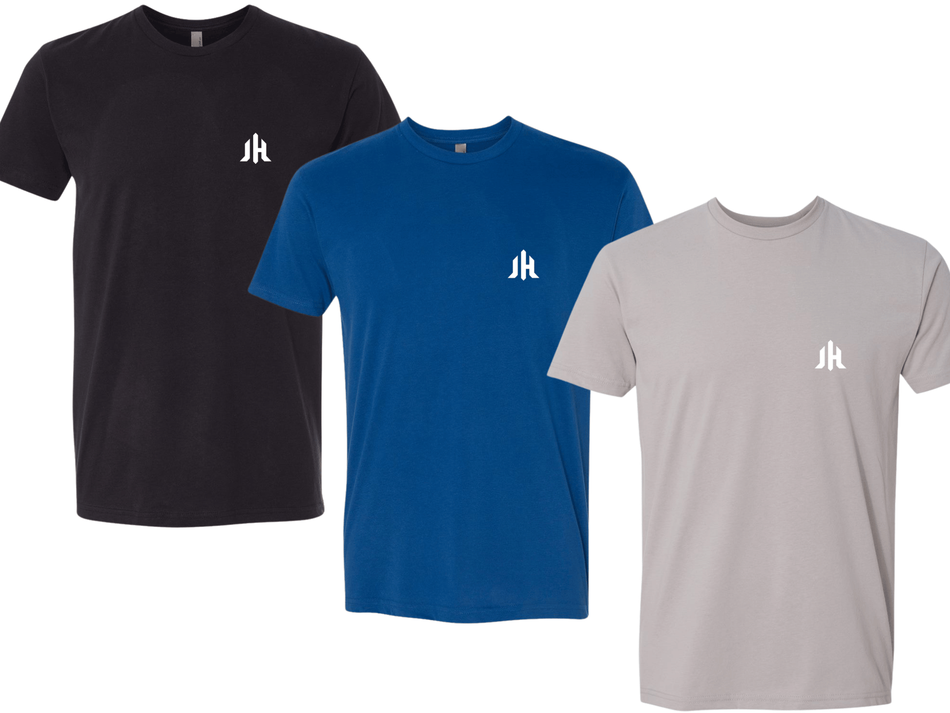 Three short-sleeve crew-neck T-shirts shown on a white background: one black, one royal blue, and one light gray. Each shirt has a small white chest logo reading Jh.