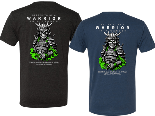 Black and blue t-shirts with warrior graphic and text on the back