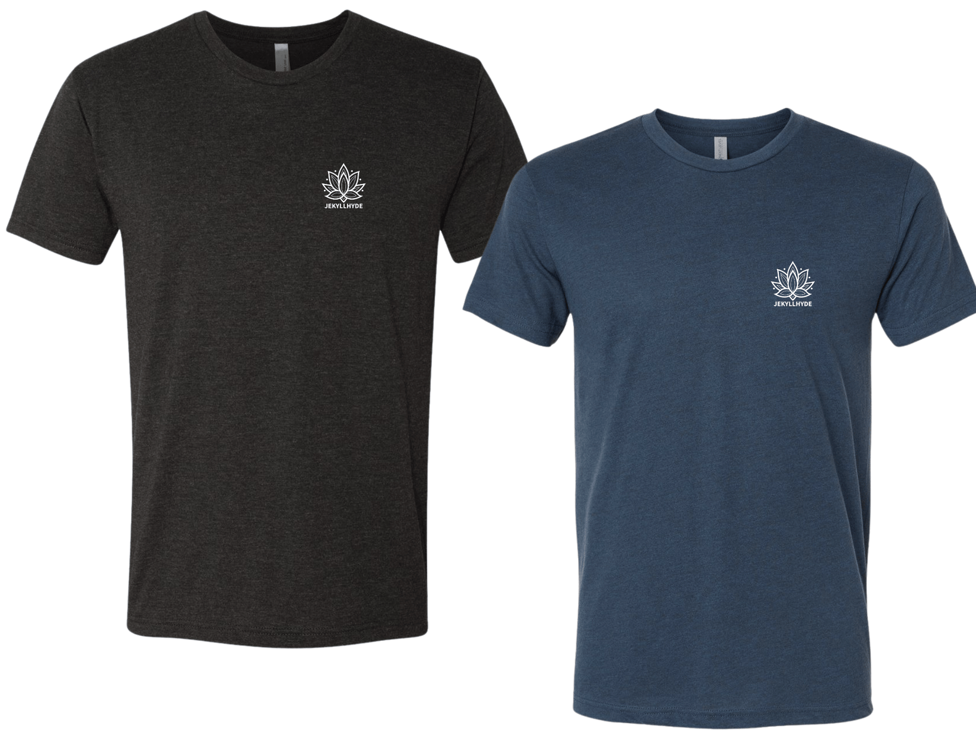 Two t-shirts, one black and one blue, with a logo on the chest against a white background.