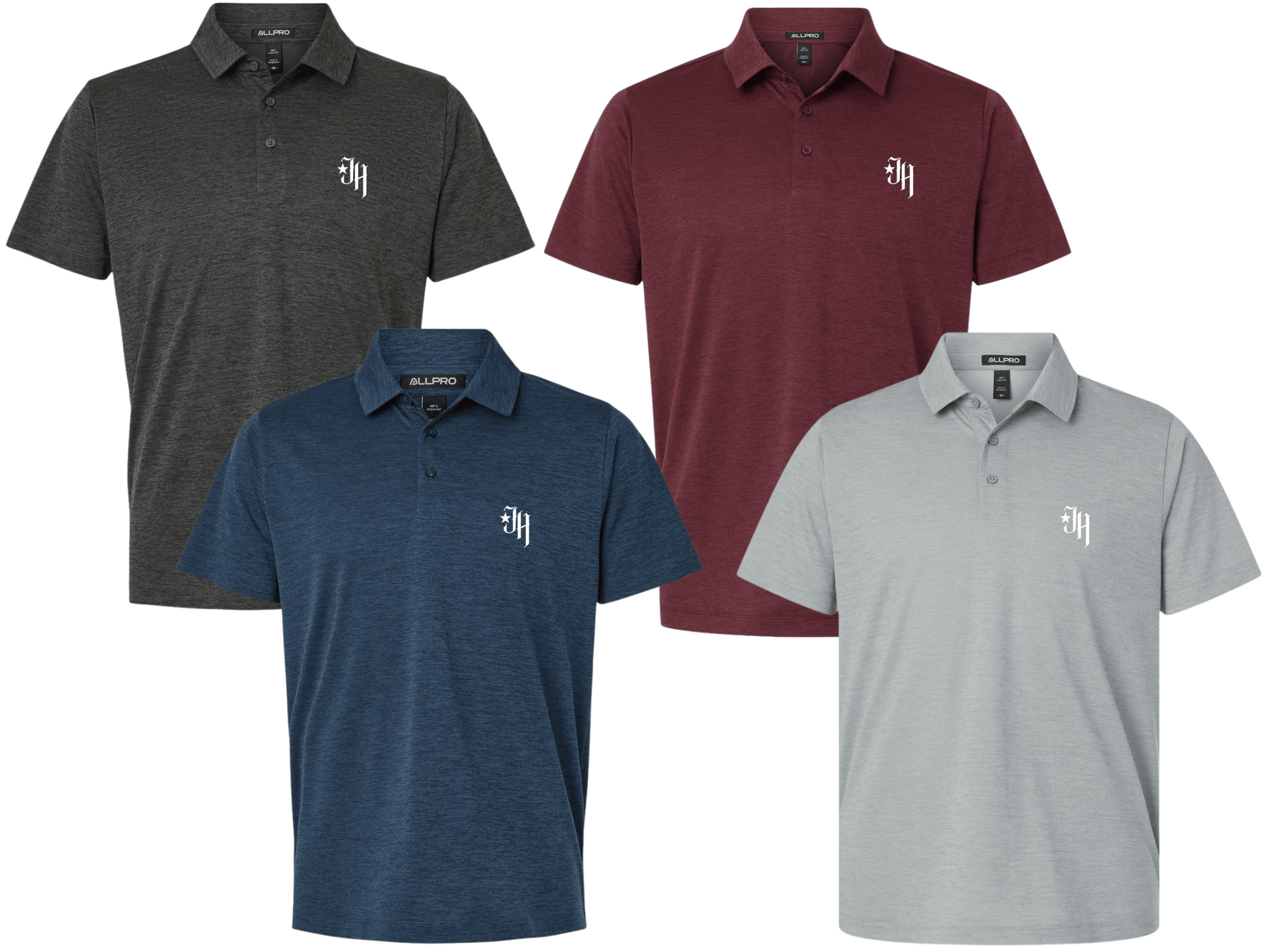 Four polo shirts in black, blue, maroon, and gray with a logo on a white background