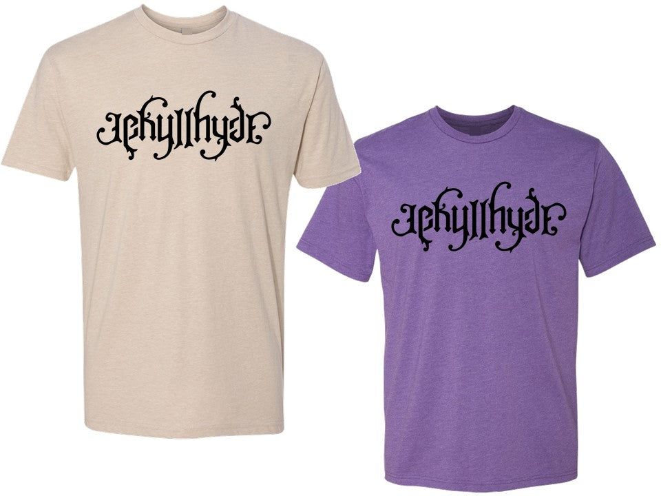 Sand and purple colored tshirts with a black Jekyllhyde logo on a white background.  