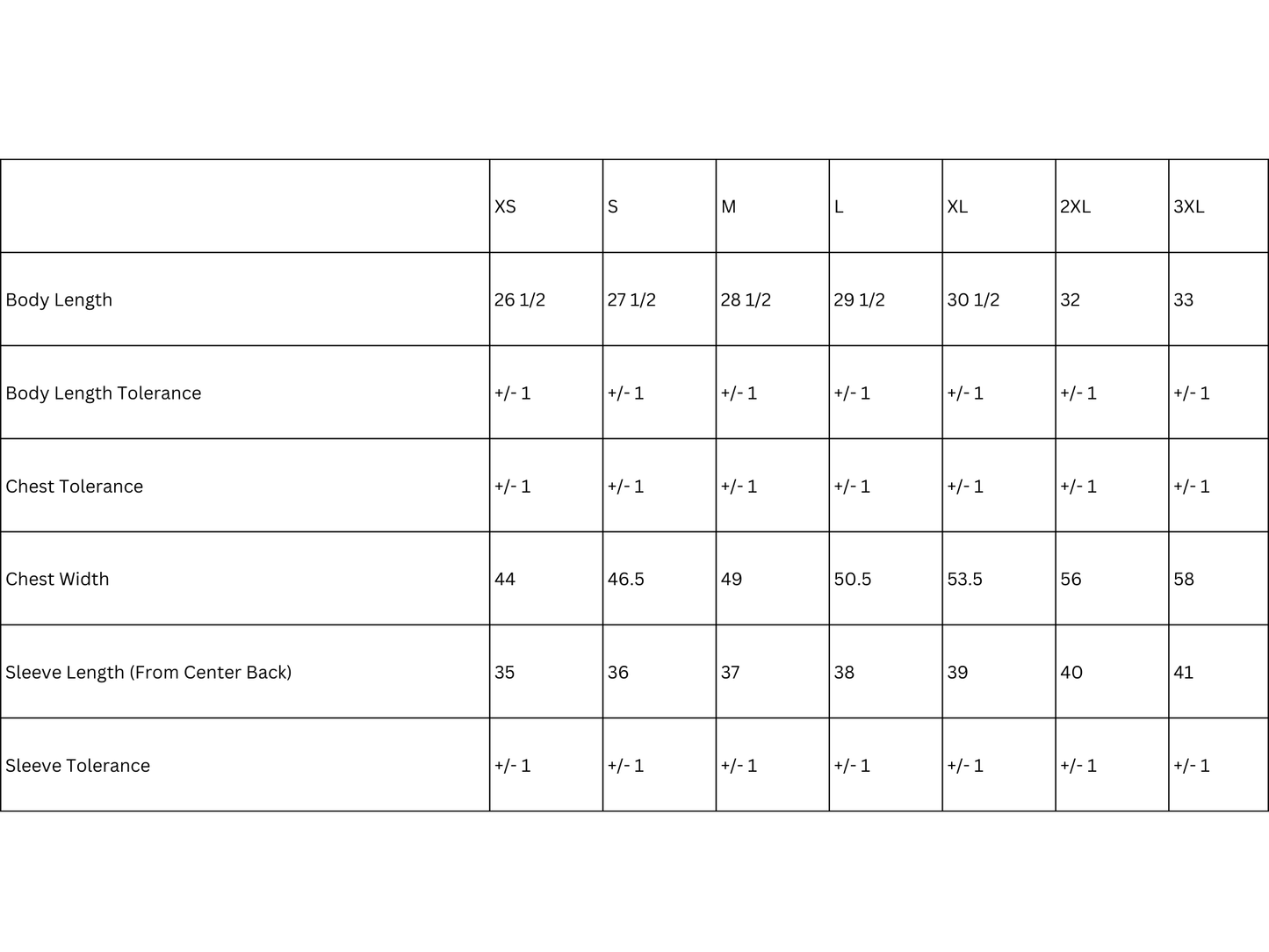 Size chart. Contact us for more information. 