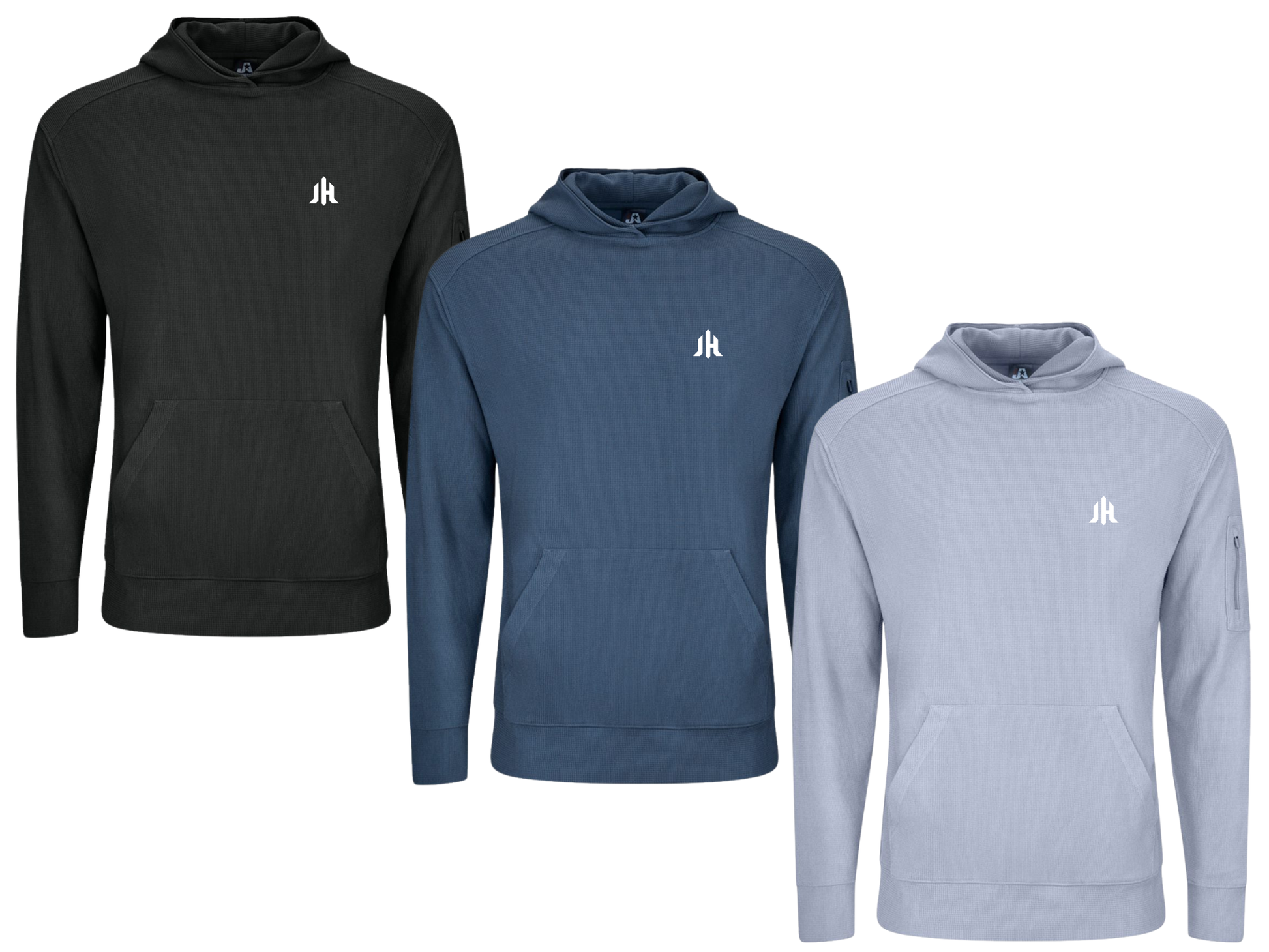 Three pullover hoodies shown on a plain white background: one black, one slate blue, and one very light blue-gray. Each hoodie has a small white 'JH' chest logo and a front kangaroo pocket.