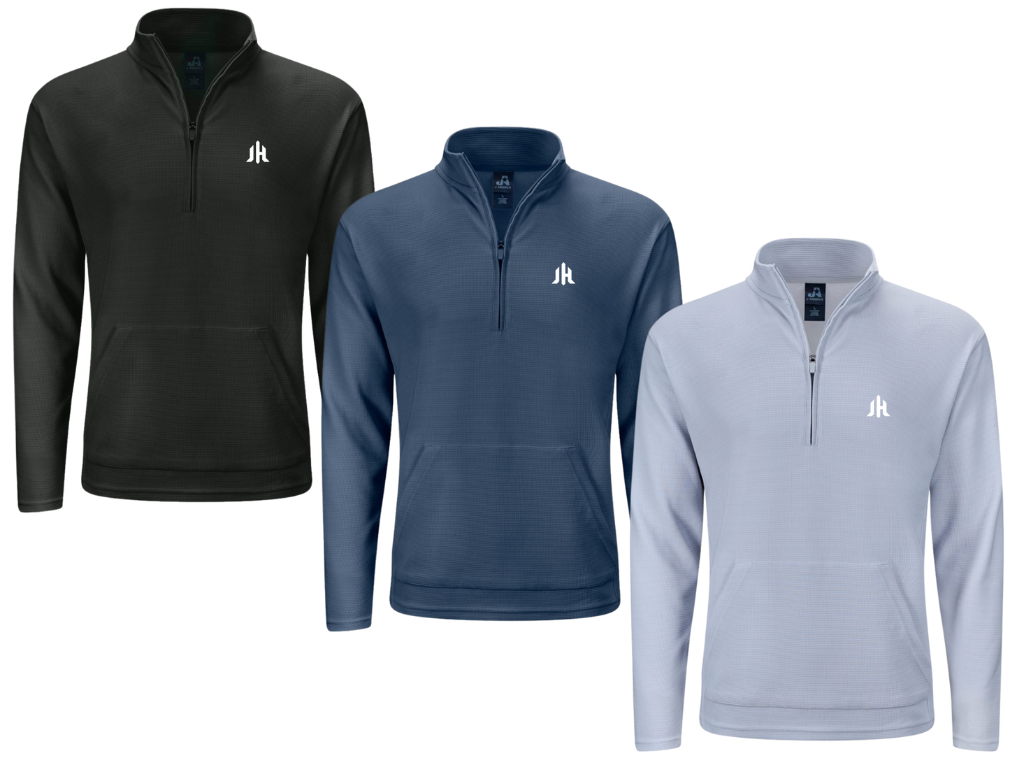 Three men's quarter-zip pullover jackets shown on a plain white background, in black, navy blue, and light gray. Each jacket features a white 'JH' logo on the left chest.