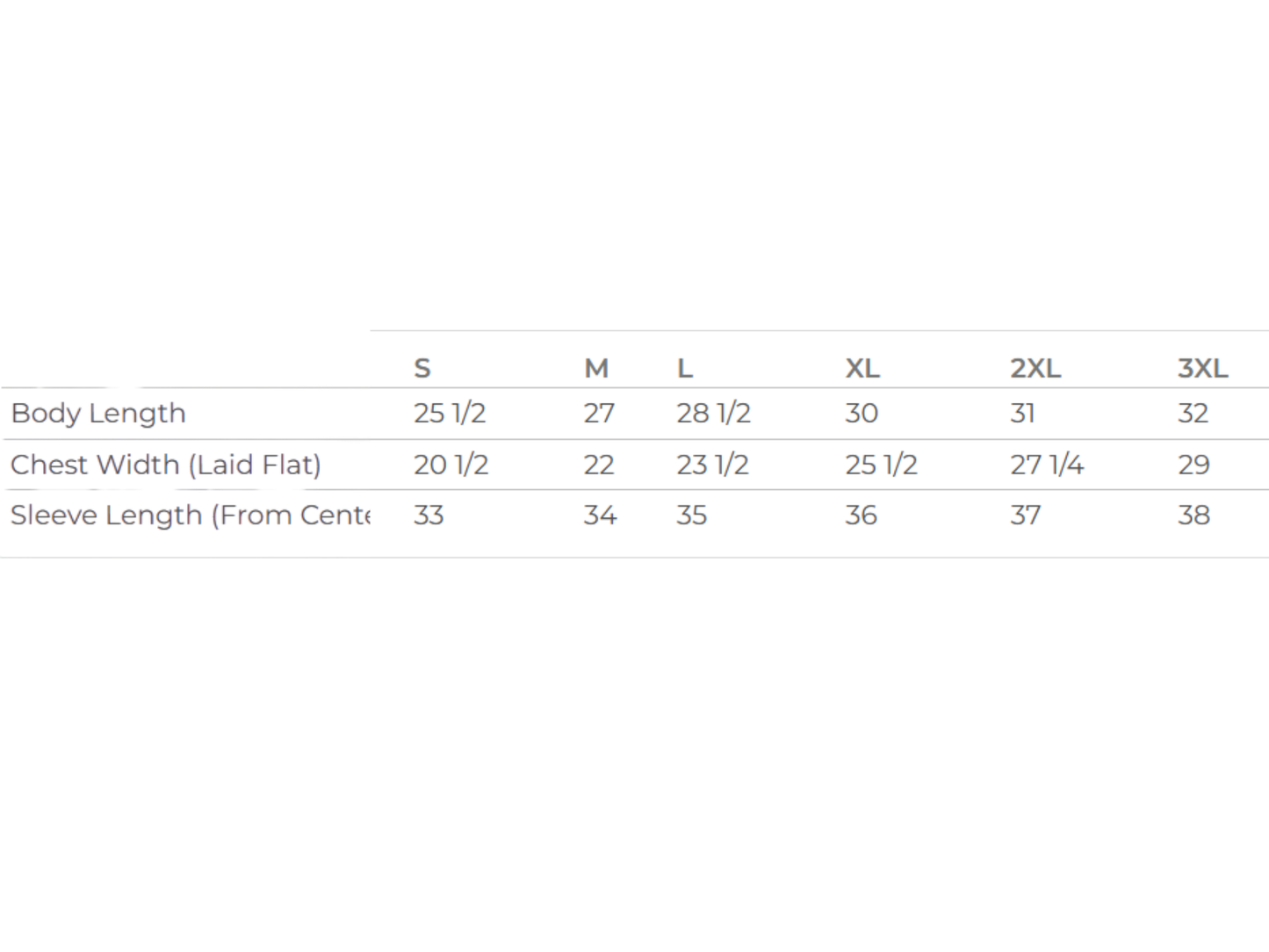 Size chart. Contact us for more information. 