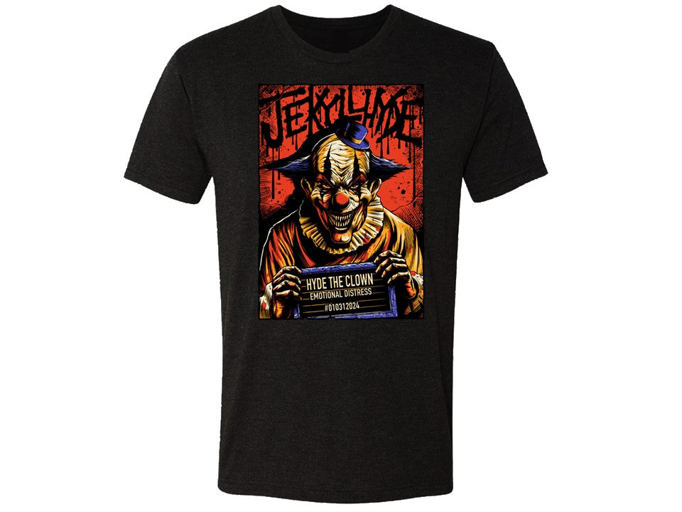 Black t-shirt with a graphic of a clown on a white background