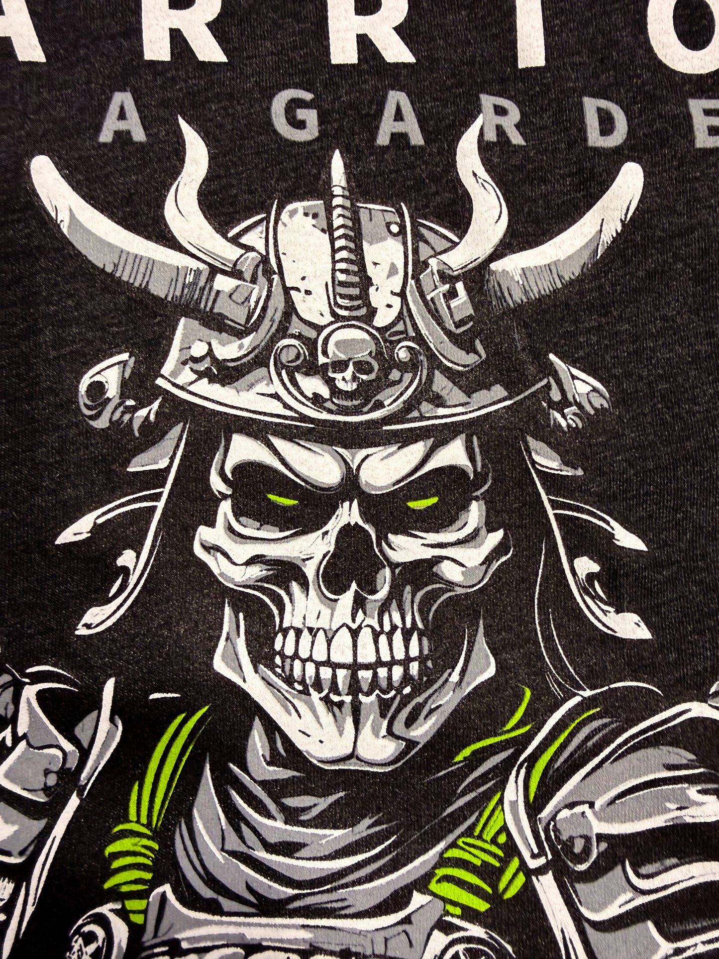 Skull with warrior helmet and green accents on a black background