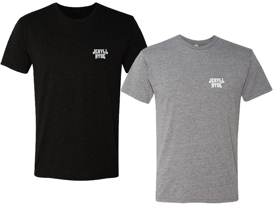 Black and grey tshirts with a Jekyllhyde logo on the left chest against a white background. 