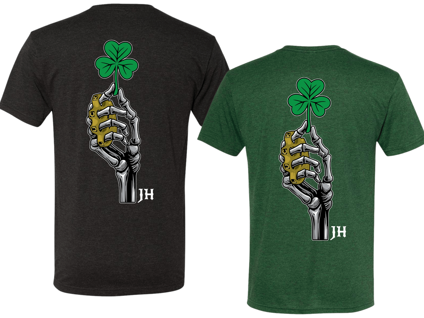 Black and green t-shirts with skeleton hand holding a four-leaf clover design on the back.