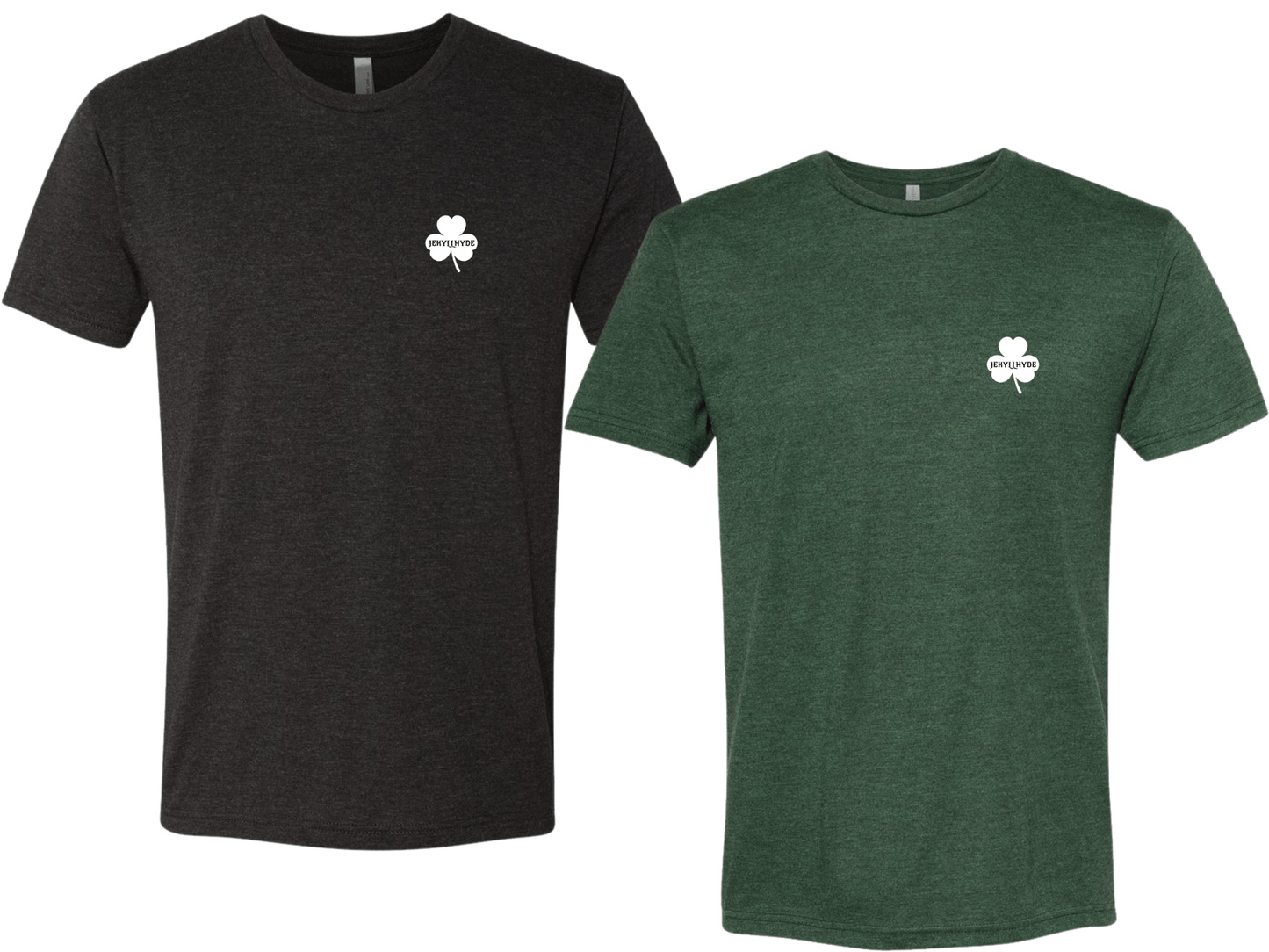 Black and green t-shirts with a white shamrock symbol on a white background