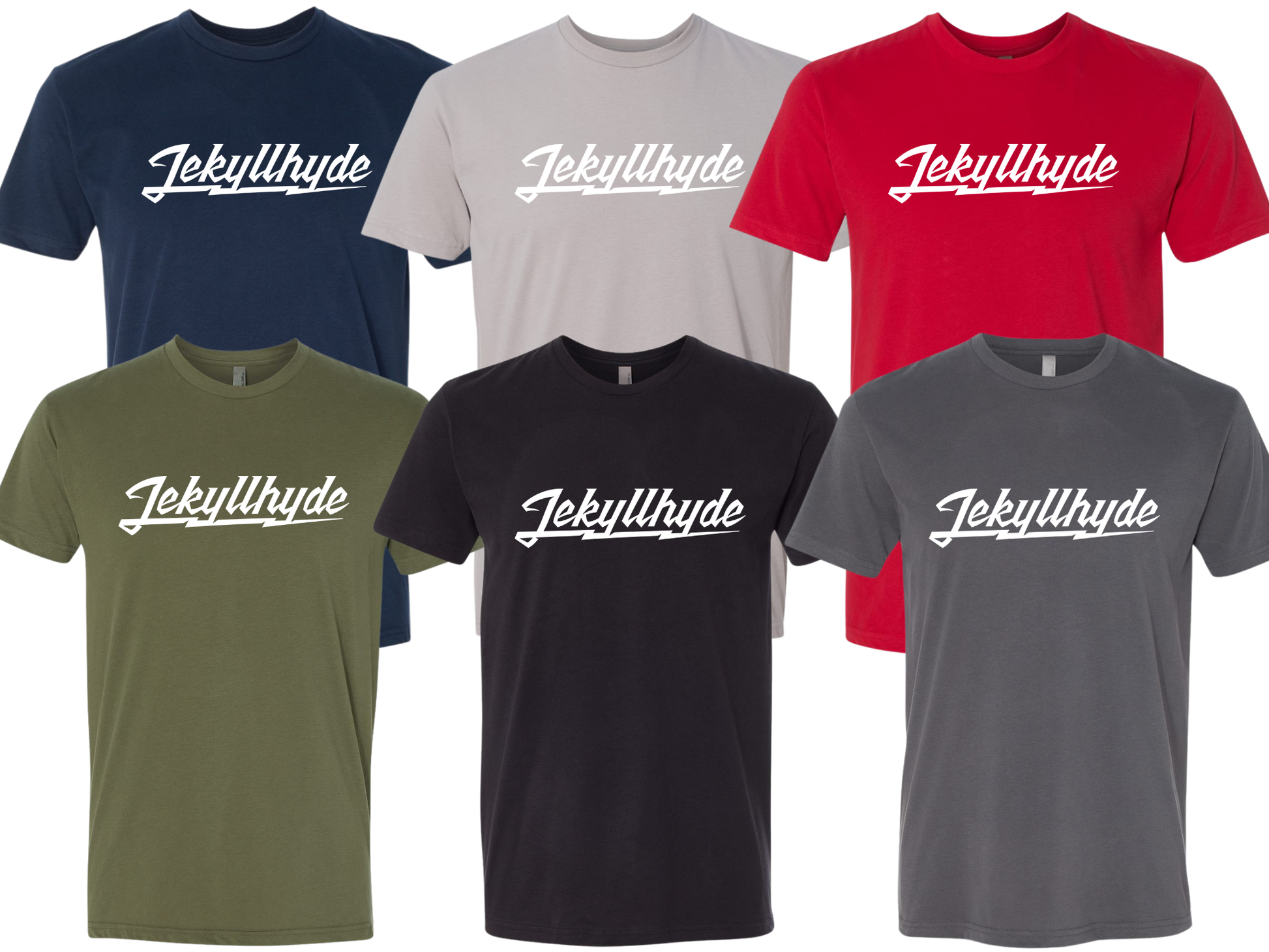 Six short-sleeve crewneck t-shirts in navy, light gray, red, olive green, black, and charcoal gray, each featuring the word 'Jekyllhyde' printed across the chest in white script.