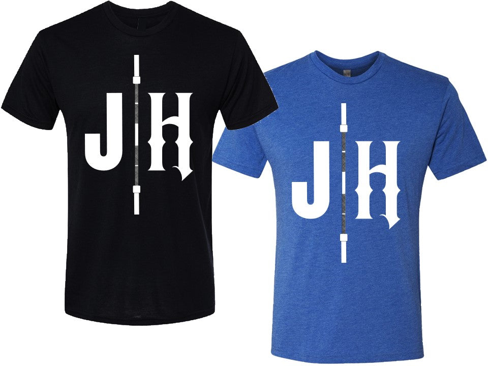Black and blue t-shirts with 'JH' design on a white background