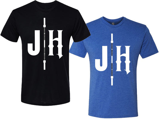 Black and blue t-shirts with 'JH' design on a white background