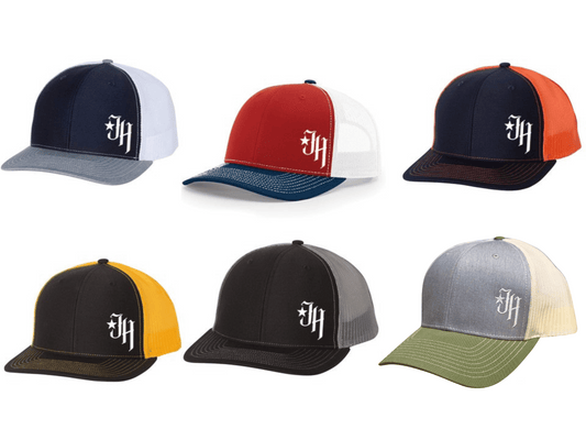 Six different colored caps with a logo on a white background