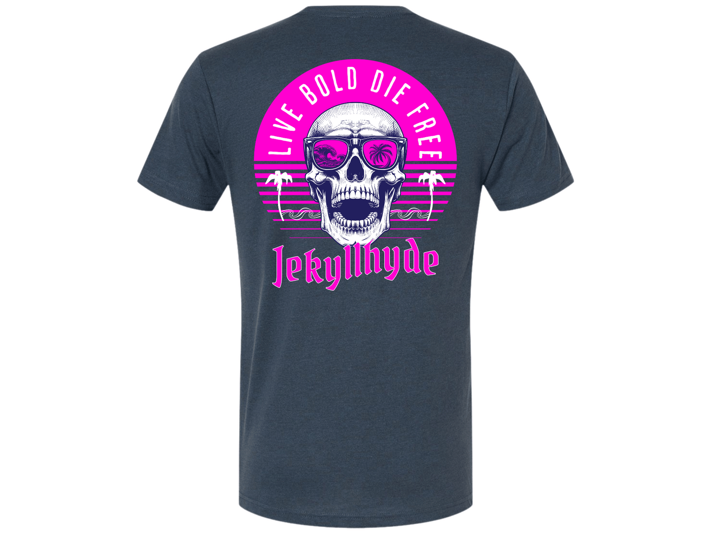 Blue t-shirt with a skull graphic and 'Jekyll Hyde' text on the back, against a white background