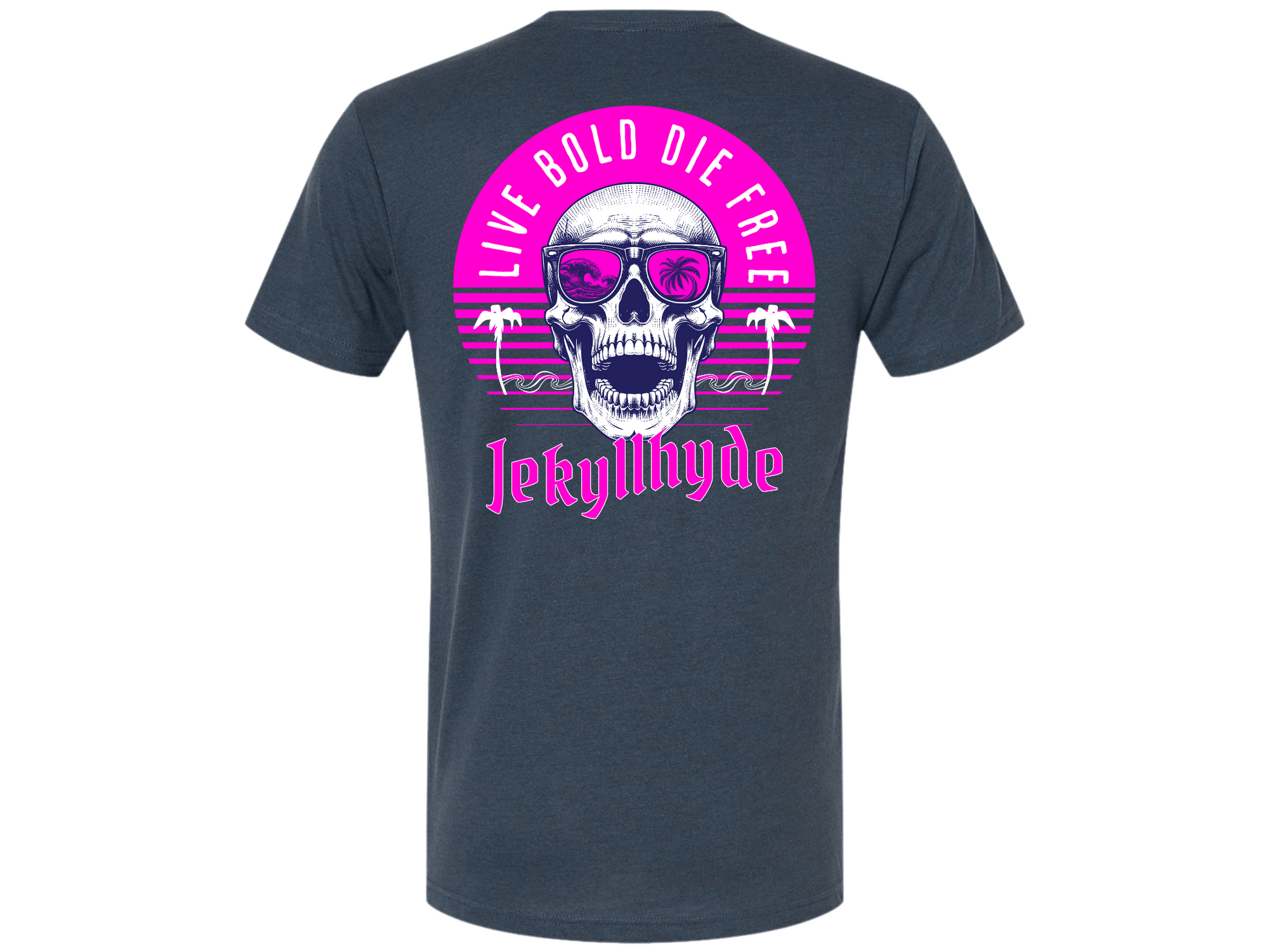 Blue t-shirt with a skull graphic and 'Jekyll Hyde' text on the back, against a white background