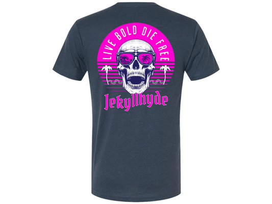 Blue t-shirt with a skull graphic and 'Jekyll Hyde' text on the back, against a white background