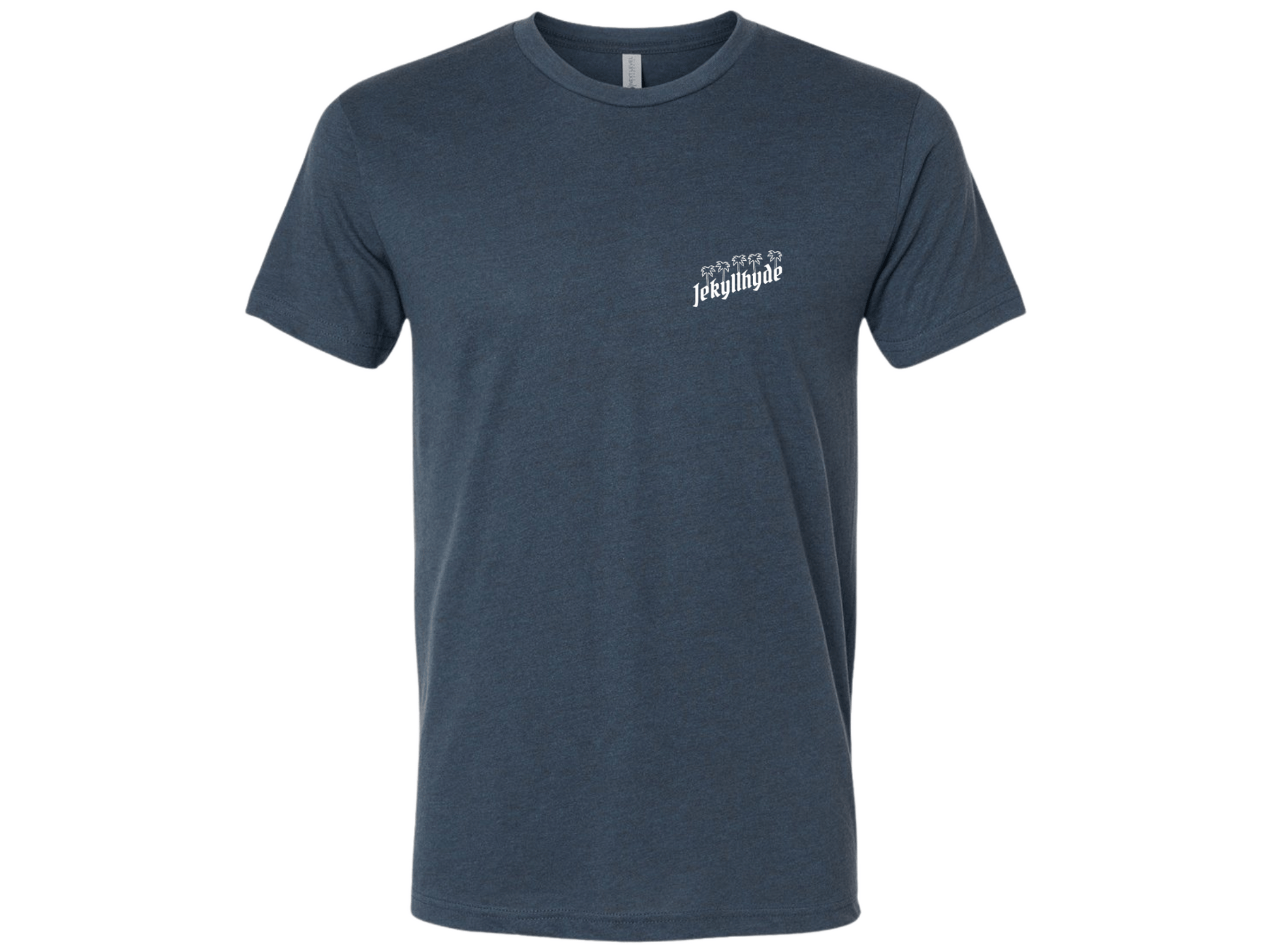 Navy blue t-shirt with white text on a white background