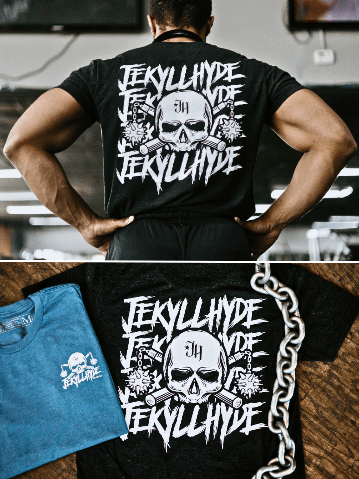 A black shirt with a skull and mace with jekyllhyde text behind it. 