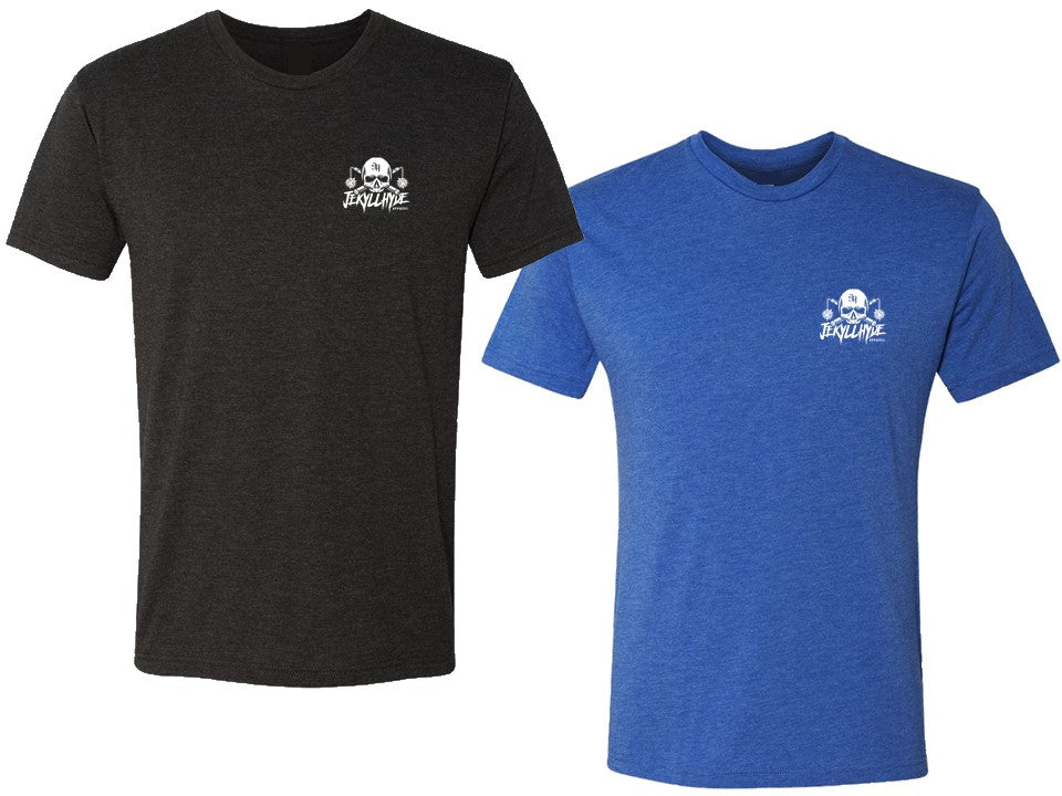 A blue and black shirt with a jekyllhyde logo on the left chest on a white background. 