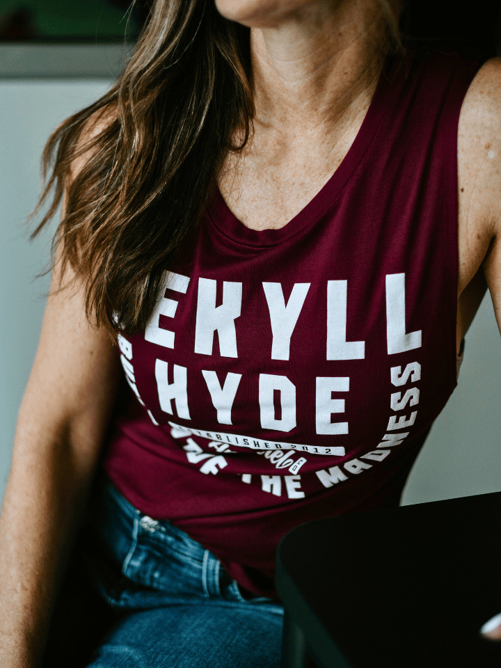 Close up of maroon muscle tank. 