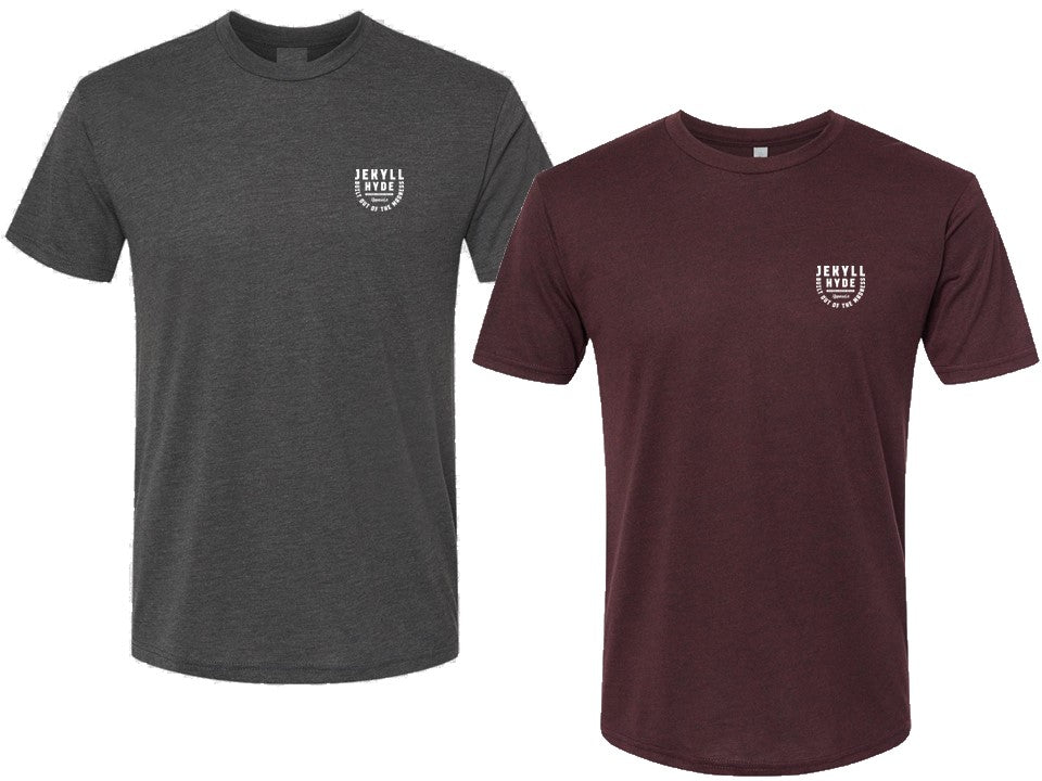 Grey and maroon tshirt with white print on the left chest on a white background. 