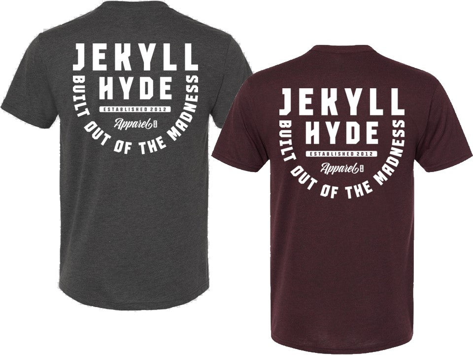 Two t-shirts, one gray and one maroon, with 'Jekyll Hyde Apparel' text on the back.