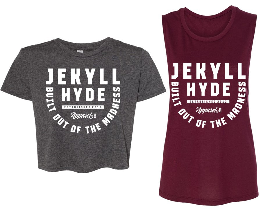 Gray t-shirt and maroon tank top with 'Jekyll Hyde' text on a white background