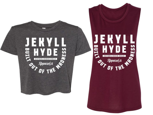 Gray t-shirt and maroon tank top with 'Jekyll Hyde' text on a white background