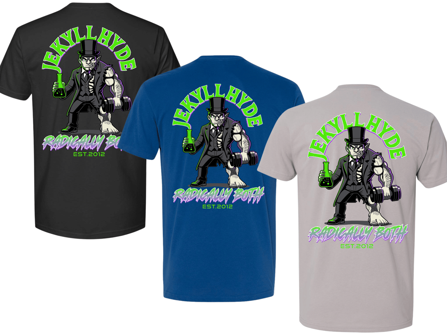 Three short-sleeve graphic T-shirts shown from the back on a plain white background: one black, one blue, and one light gray. Each shirt features a large illustrated character wearing a top hat and suit, with green and purple text reading 'Jekyll Hyde' and 'Radically Both Est.