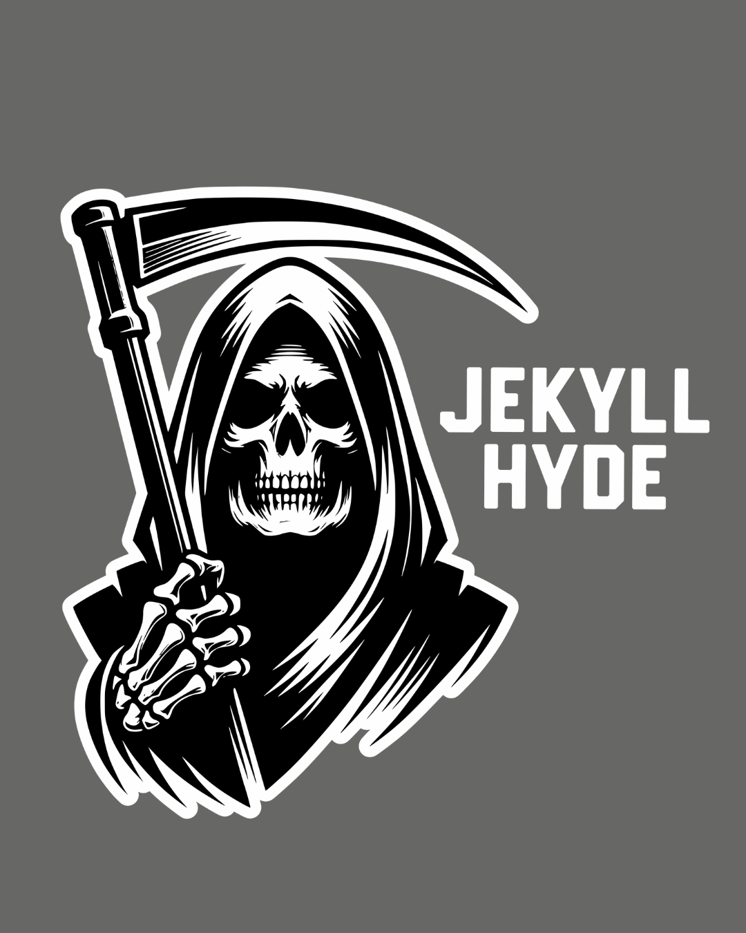 Grim Reaper holding a scythe with 'Jekyll Hyde' text on a gray background