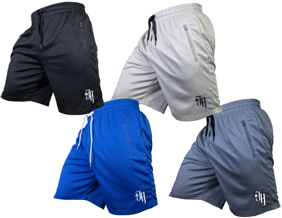 Four pairs of shorts in black, gray, blue, and gray with a brand logo on a white background.