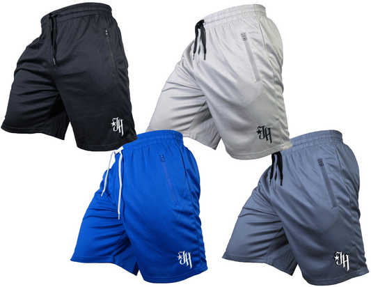 Four pairs of shorts in black, gray, blue, and gray with a brand logo on a white background.