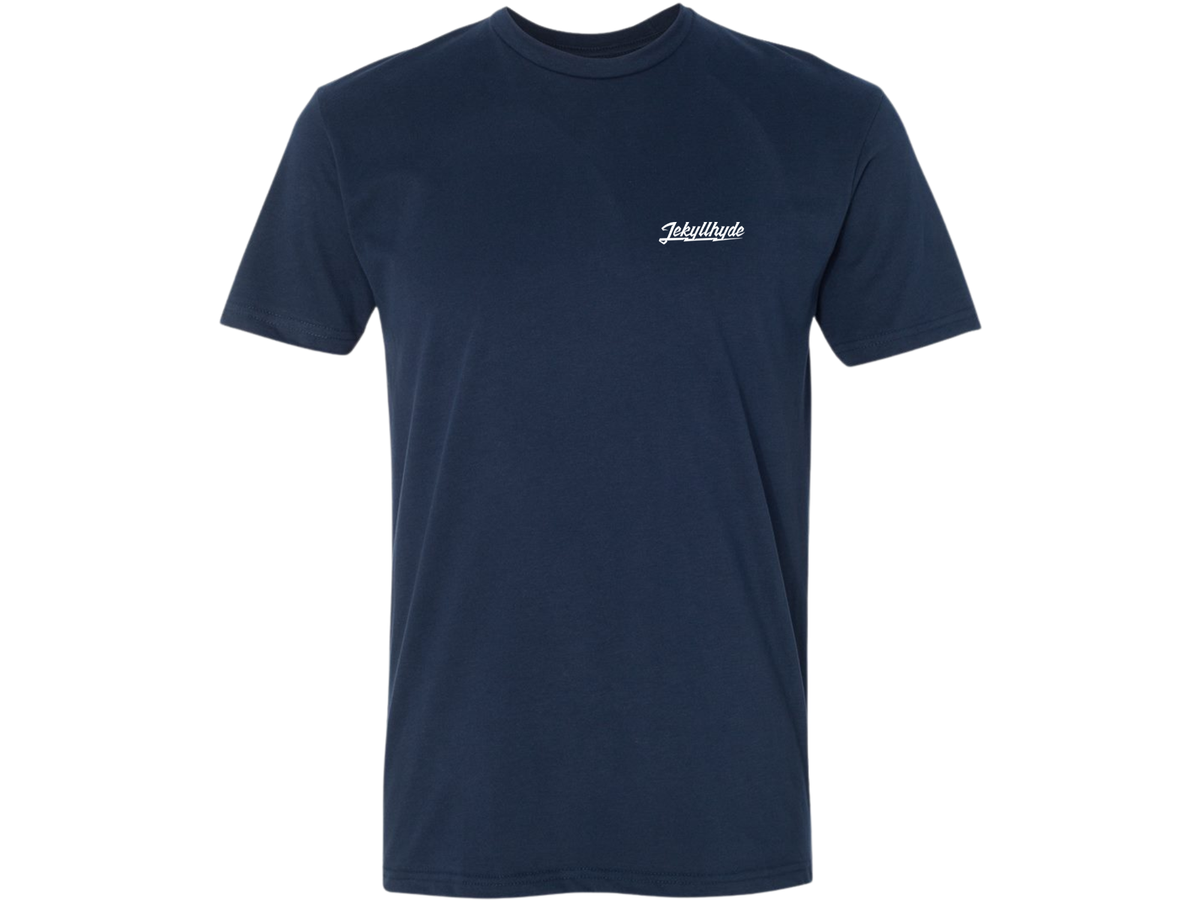 Navy t-shirt on a white background with a Jekyllhyde logo on the left chest. 