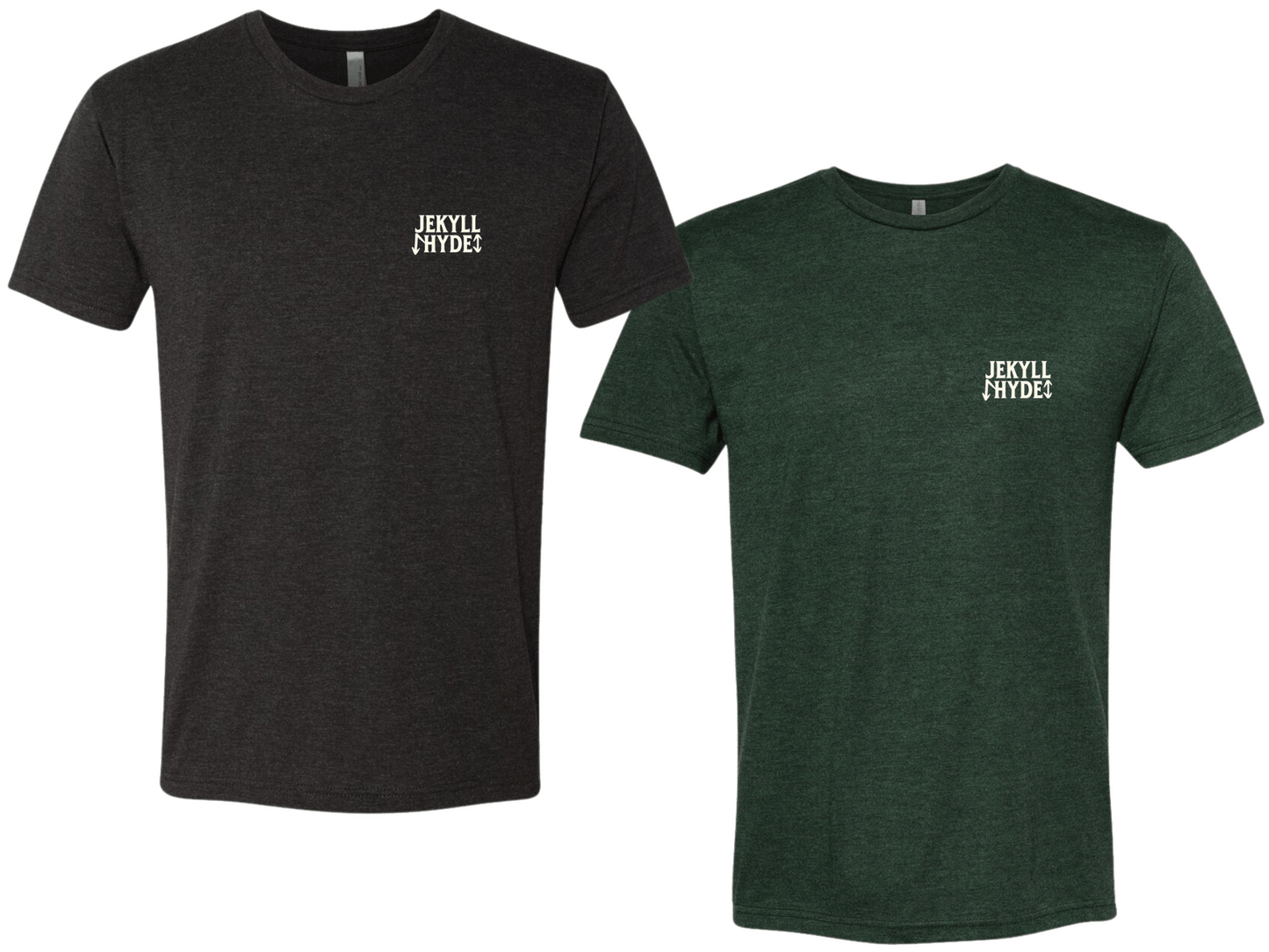 Black and green shirts with Jekyllhyde on the left chest on a white background. 