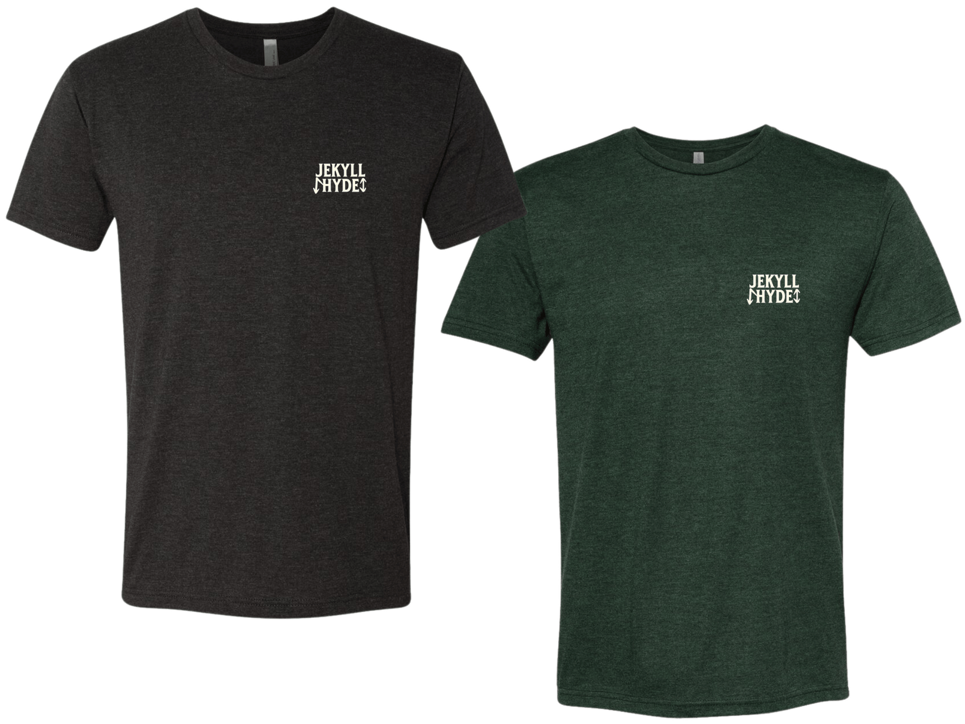 Black and green shirts with Jekyllhyde on the left chest on a white background. 