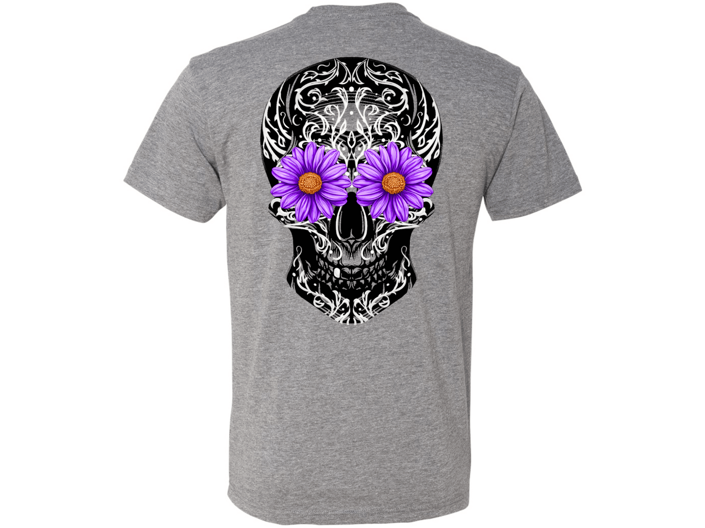 Gray t-shirt with a skull design featuring purple flowers on the back