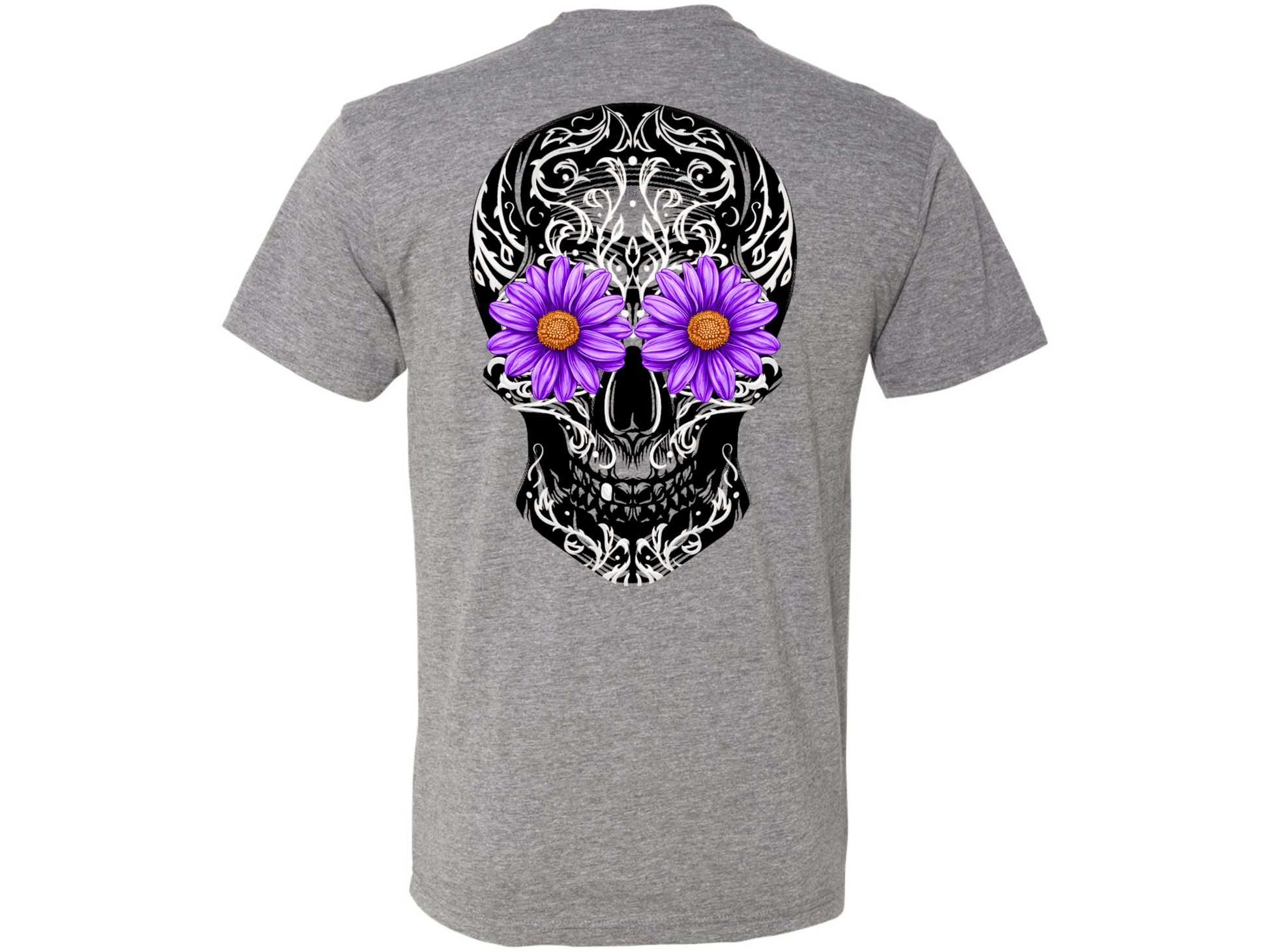 Gray t-shirt with a skull design featuring purple flowers on the back