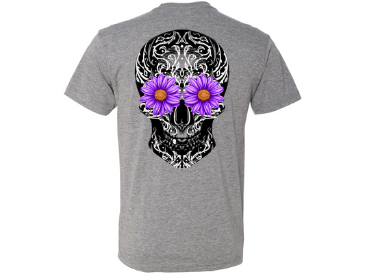 Gray t-shirt with a skull design featuring purple flowers on the back