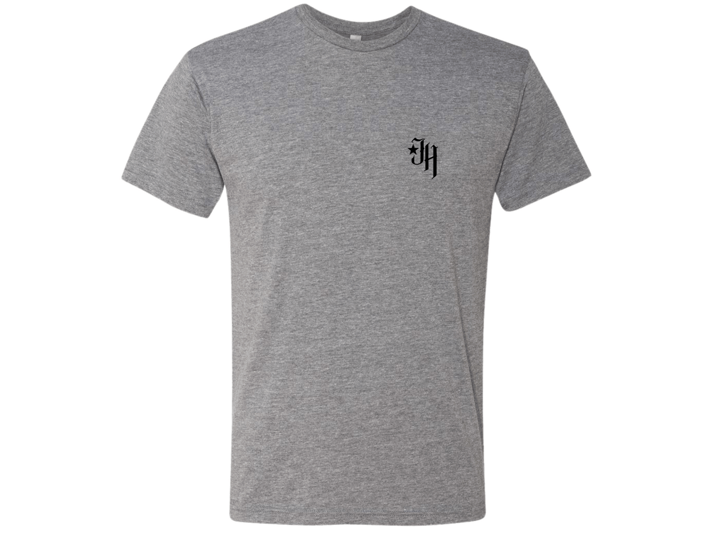 Grey shirt on white background with JH on the left chest. 