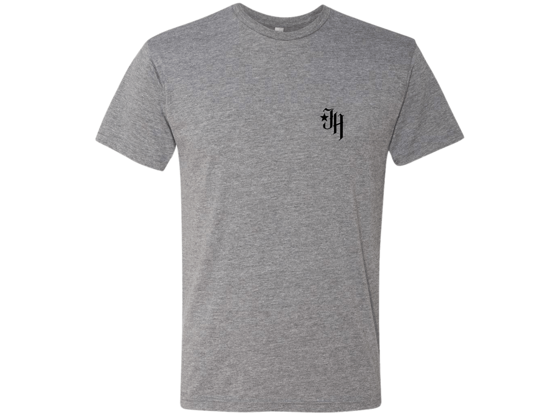 Grey shirt on white background with JH on the left chest. 