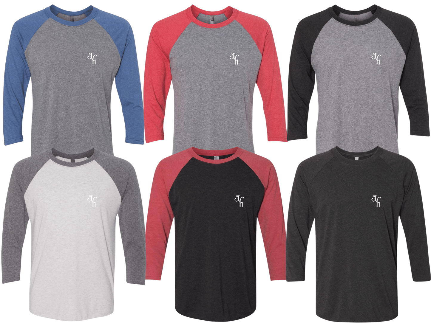 Set of six long-sleeve baseball shirts in various color combinations on a white background.